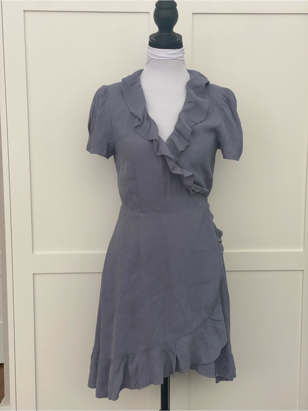 Aritzia Sunday Best Slate Blue Ruffle Wrap Mini Dress Small Lightweight Flirty